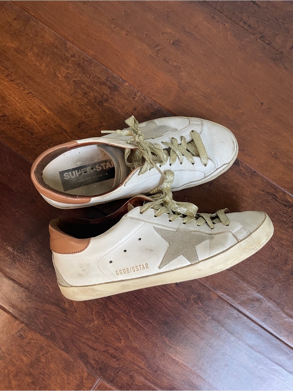 Golden Goose White & Tan Superstar Sneakers with Gold Star